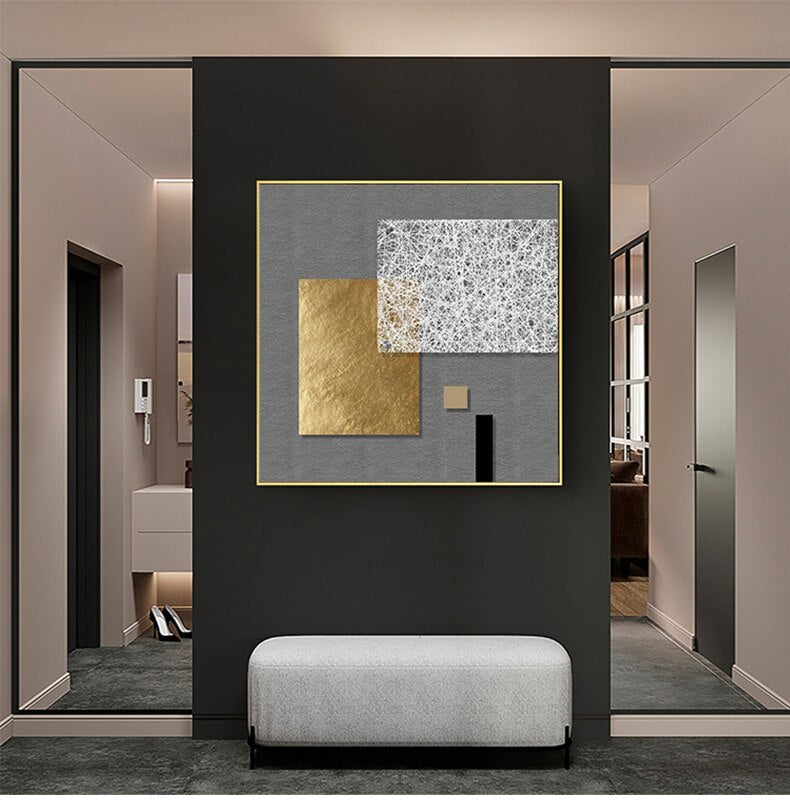 Modern Abstract Architectural Wall Art Golden Gray Fine Art Canvas Prints Pictures For Luxury Living Room Dining Room Restaurant Boutique Hotel Art Decor