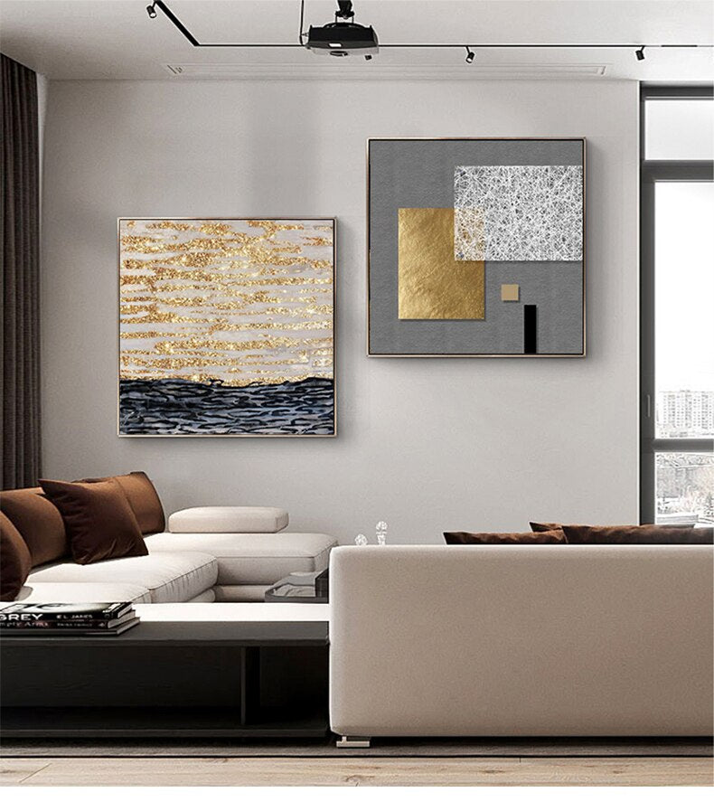 Modern Abstract Architectural Wall Art Golden Gray Fine Art Canvas Prints Pictures For Luxury Living Room Dining Room Restaurant Boutique Hotel Art Decor