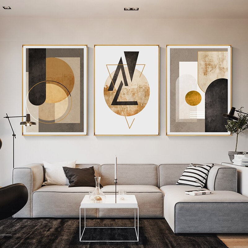 Modern Aesthetics Abstract Geometric Wall Art Fine Art Canvas Prints Neutral Color Golden Brown Beige Pictures For Luxury Living Room Home Office Art Decor