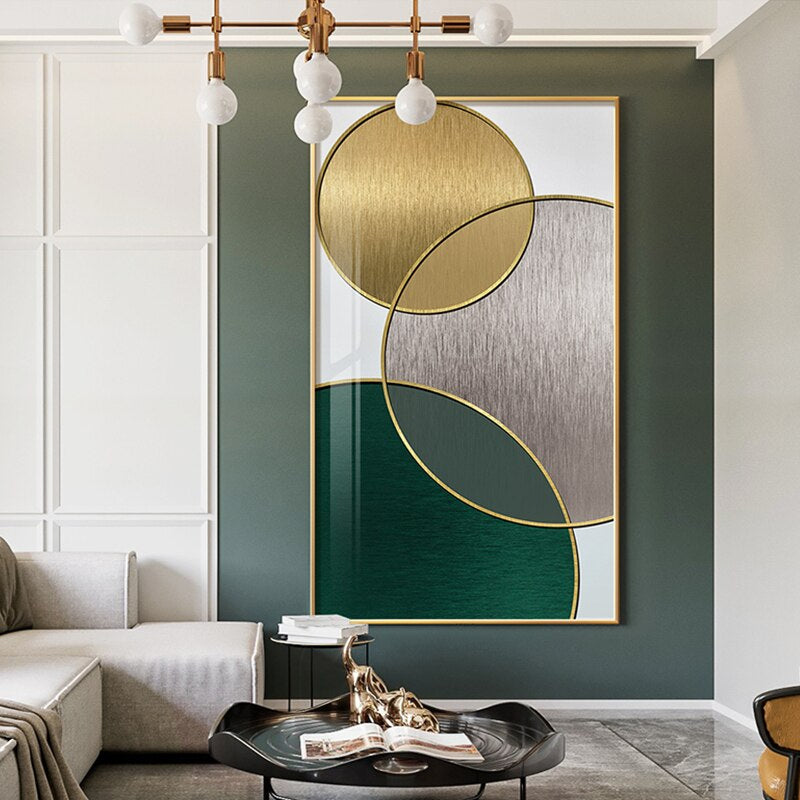 Modern Aesthetics Abstract Interlocking Circles Wall Art Fine Art Canvas Prints Golden Green Gray Symmetrical Design Pictures For Home Office Interior Decor