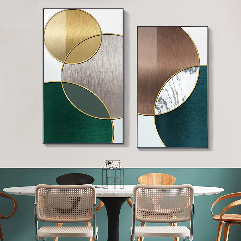 Modern Aesthetics Abstract Interlocking Circles Wall Art Fine Art Canvas Prints Golden Green Gray Symmetrical Design Pictures For Home Office Interior Decor