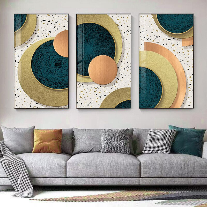 Modern Aesthetics Abstract Interlocking Circles Wall Art Fine Art Canvas Prints Golden Green Gray Symmetrical Design Pictures For Home Office Interior Decor