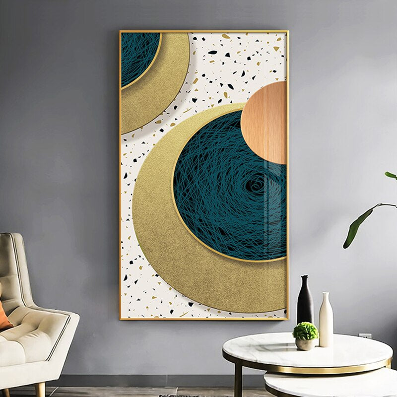 Modern Aesthetics Abstract Interlocking Circles Wall Art Fine Art Canvas Prints Golden Green Gray Symmetrical Design Pictures For Home Office Interior Decor