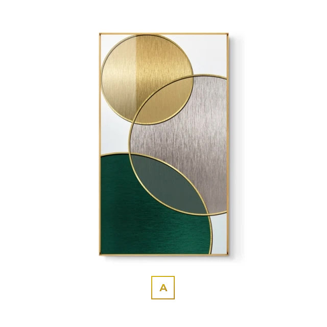 Modern Aesthetics Abstract Interlocking Circles Wall Art Fine Art Canvas Prints Golden Green Gray Symmetrical Design Pictures For Home Office Interior Decor