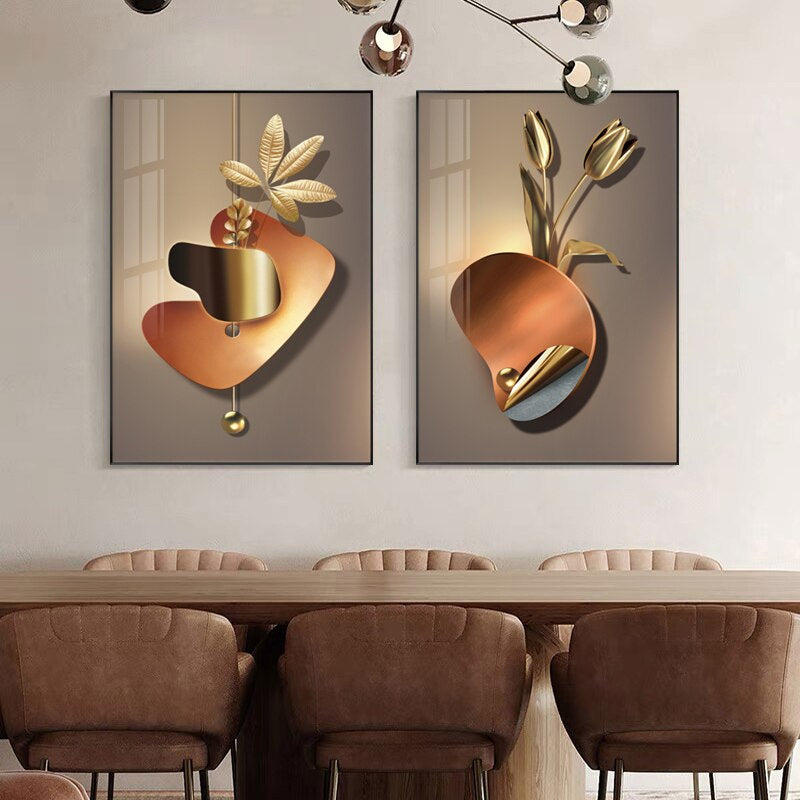 Modern Aesthetics Golden Leaves 3d Effect Floral Abstract Wall Art Fine Art Canvas Prints Pictures For Luxury Living Room Dining Room Home Office Interior Decor