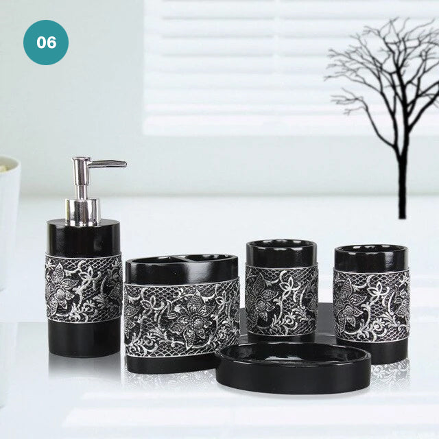 Modern Bathroom Accessories Kit Finished In Black Or White Resin Soap Dispenser Gargle Cup Toothbrush Holder Stylish Washroom Hardware Modern Bathroom Decor