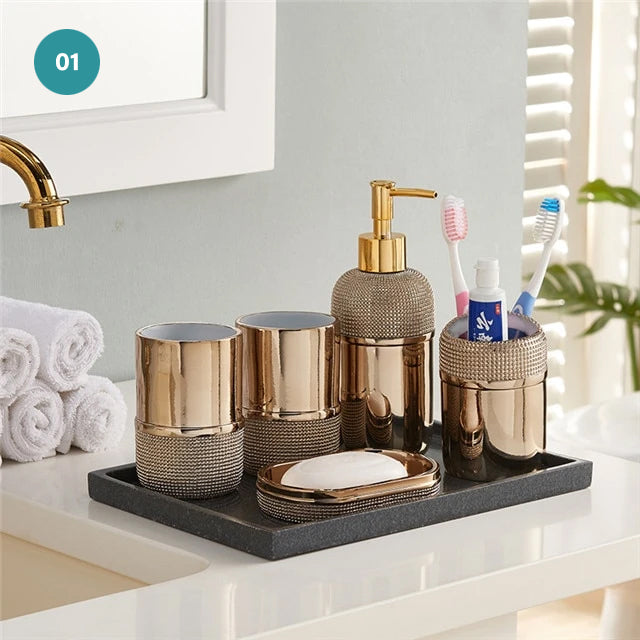 Modern Bathroom Accessories Resin Bronze Silver Soap Dispenser Toothbrush Holder Gargle Cup Soap Dish Tidy Solution Stylish Washroom Hardware Set