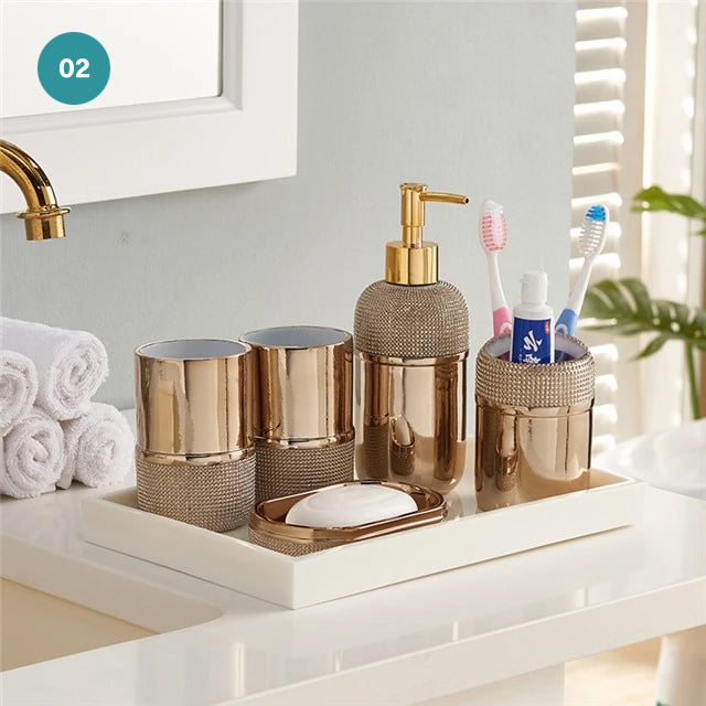 Modern Bathroom Accessories Resin Bronze Silver Soap Dispenser Toothbrush Holder Gargle Cup Soap Dish Tidy Solution Stylish Washroom Hardware Set