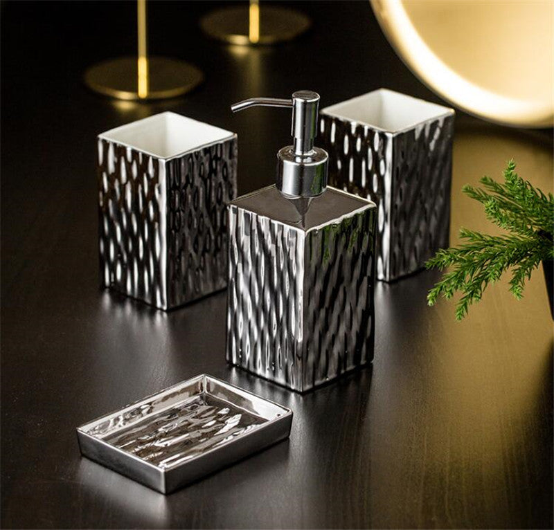 Modern Bathroom Accessories Set Ceramic Golden Or Silver Soap Dish Soap Lotion Dispenser Toothbrush Holder Stylish Makeup Cosmetics Storage Washroom Hardware