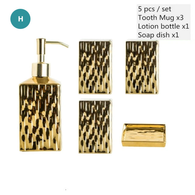 Modern Bathroom Accessories Set Ceramic Golden Or Silver Soap Dish Soap Lotion Dispenser Toothbrush Holder Stylish Makeup Cosmetics Storage Washroom Hardware