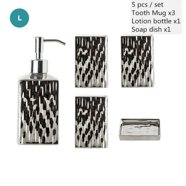 Modern Bathroom Accessories Set Ceramic Golden Or Silver Soap Dish Soap Lotion Dispenser Toothbrush Holder Stylish Makeup Cosmetics Storage Washroom Hardware