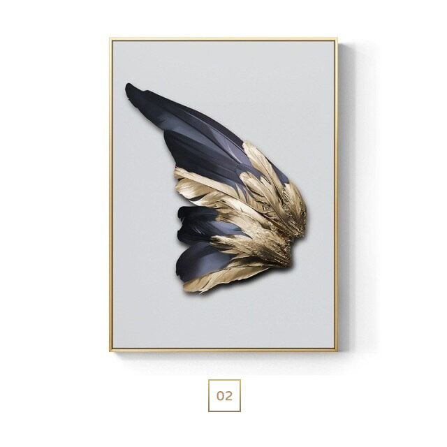 Modern Chic Abstract Golden Feathers Wall Art Sea Surf Feathered Wing Fine Art Canvas Print Pictures For Luxury Living Room Bedroom Glam Home Decor