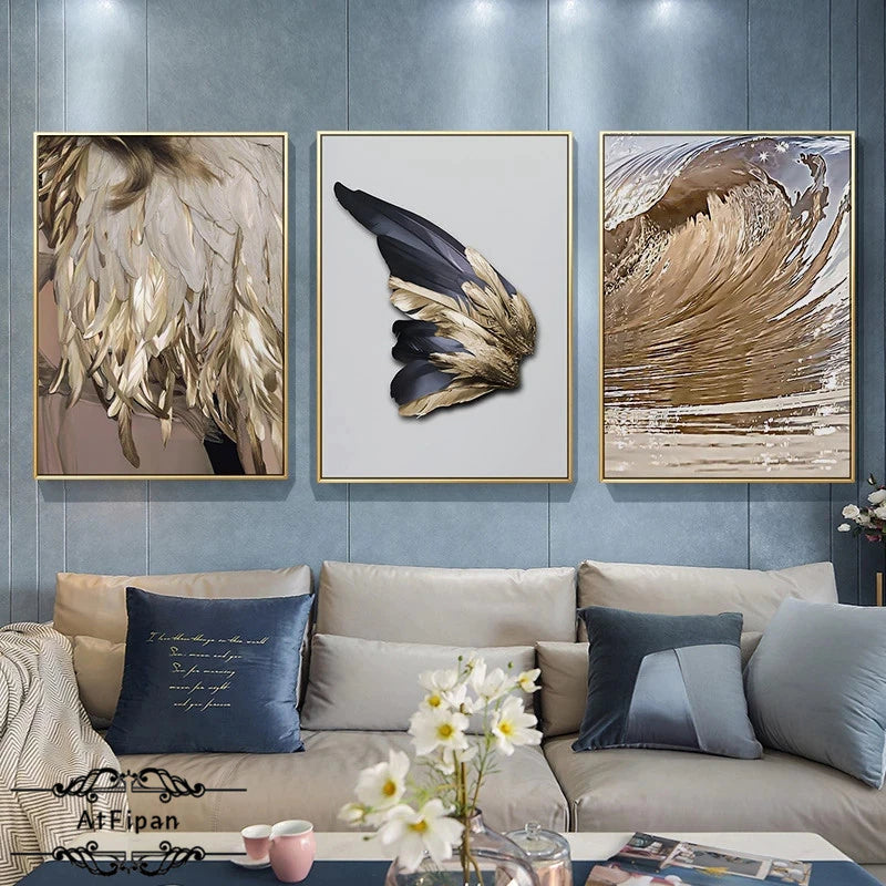 Modern Chic Abstract Golden Feathers Wall Art Sea Surf Feathered Wing Fine Art Canvas Print Pictures For Luxury Living Room Bedroom Glam Home Decor