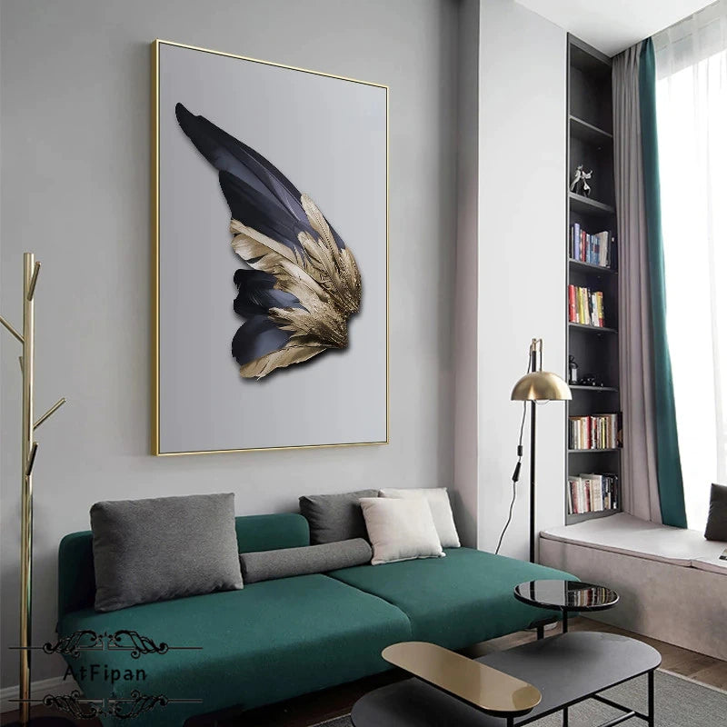 Modern Chic Abstract Golden Feathers Wall Art Sea Surf Feathered Wing Fine Art Canvas Print Pictures For Luxury Living Room Bedroom Glam Home Decor