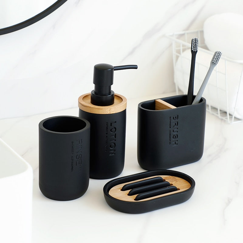 Modern Designer Bathroom Accessories Brush Rinse Soap Lotion Dispenser Toothbrush Holder Soap Tray Gargle Cup Washroom Set in Matte Black or Matte White