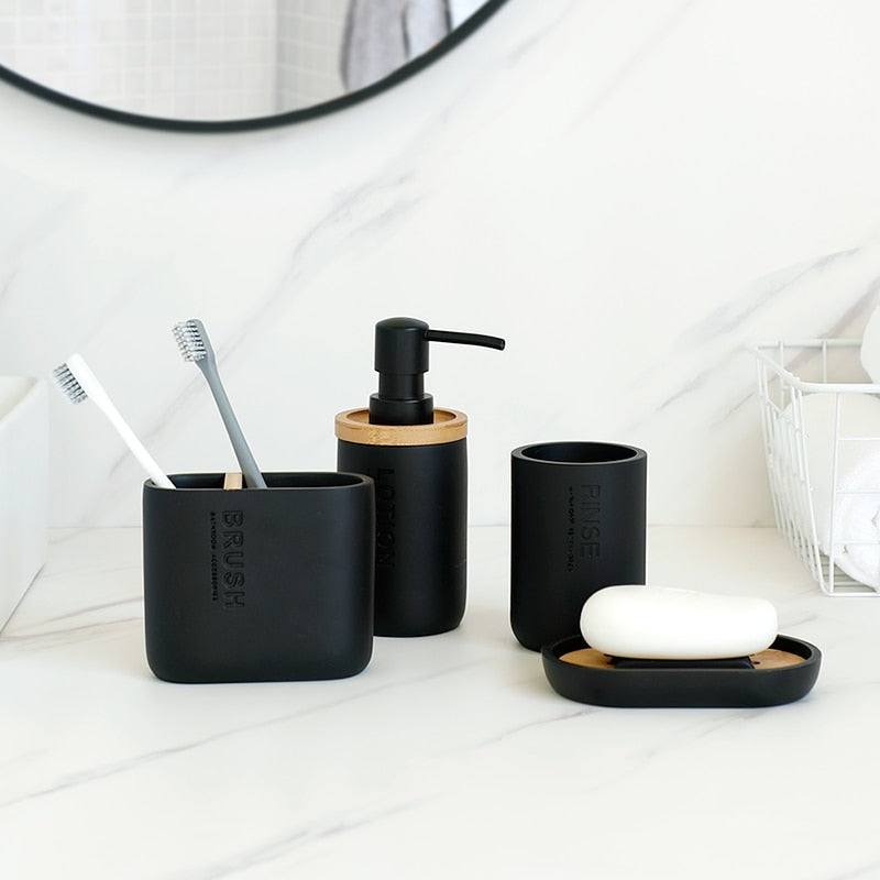 Modern Designer Bathroom Accessories Brush Rinse Soap Lotion Dispenser Toothbrush Holder Soap Tray Gargle Cup Washroom Set in Matte Black or Matte White