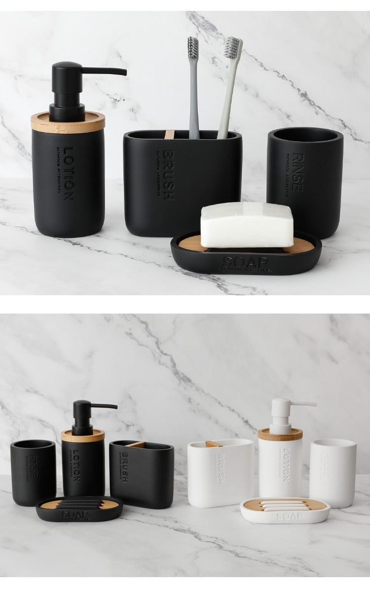 Modern Designer Bathroom Accessories Brush Rinse Soap Lotion Dispenser Toothbrush Holder Soap Tray Gargle Cup Washroom Set in Matte Black or Matte White