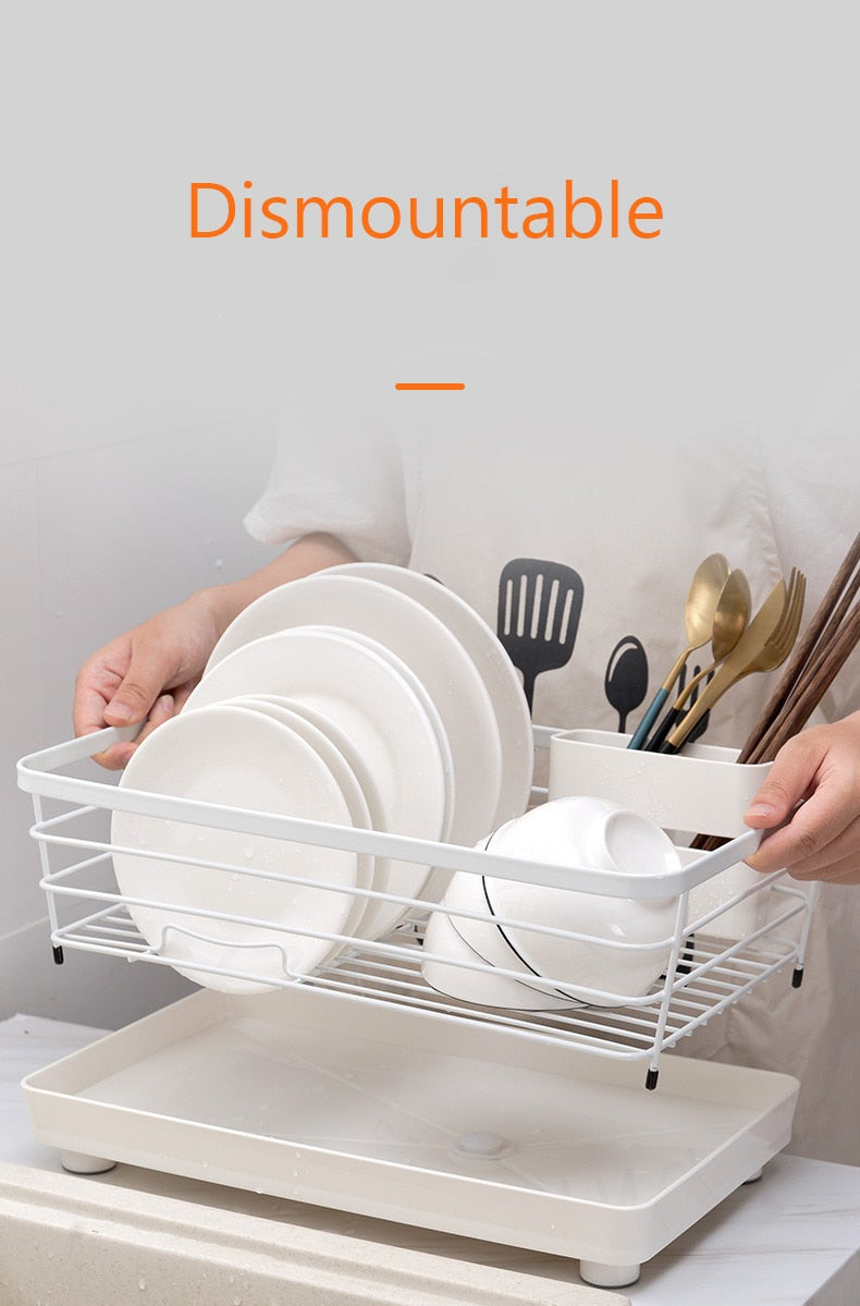 Modern Draining Rack For Dishwashing Organizer With Removable Tray Built In Drainage Pipe For Drying Kitchen Utensils Dishes & Tableware