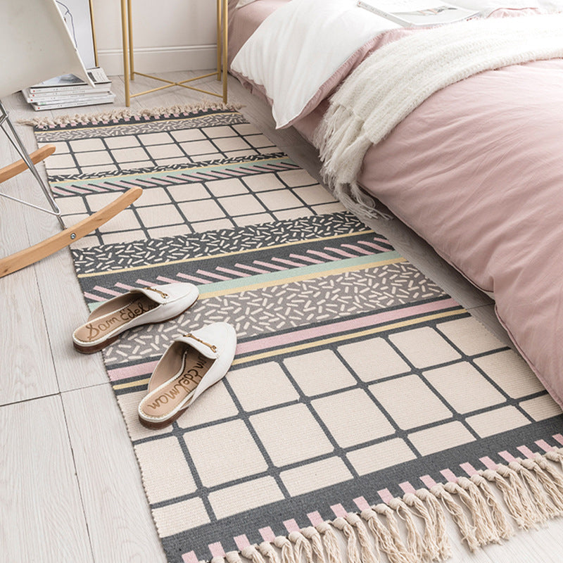 Modern Ethnic Style Linen Tassel Woven Rug Geometric Design Area Rug Carpet Floor Mat For Living Room Bedroom Dining Room Simple Home Decor
