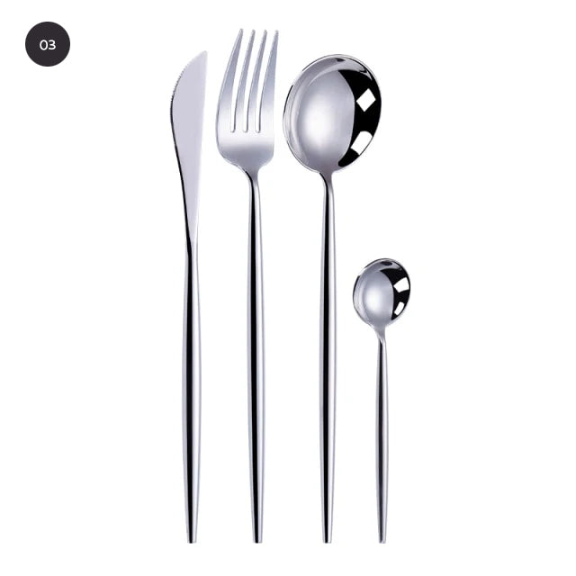 Modern Gold Cutlery Set Stainless Steel Tableware Knife Fork Dessert Spoon Teaspoon Dinnerware Contemporary Flatware Essential Designer Kitchen Accessories