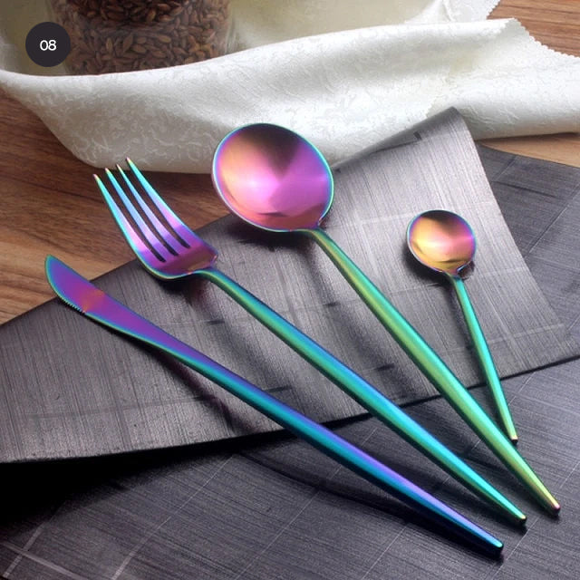 Modern Gold Cutlery Set Stainless Steel Tableware Knife Fork Dessert Spoon Teaspoon Dinnerware Contemporary Flatware Essential Designer Kitchen Accessories