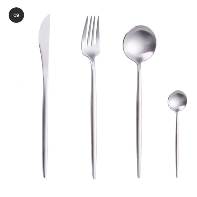 Modern Gold Cutlery Set Stainless Steel Tableware Knife Fork Dessert Spoon Teaspoon Dinnerware Contemporary Flatware Essential Designer Kitchen Accessories