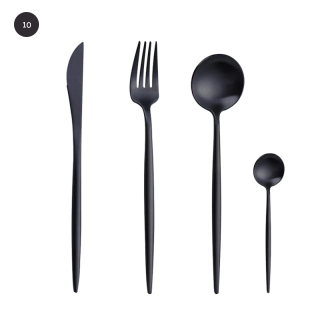 Modern Gold Cutlery Set Stainless Steel Tableware Knife Fork Dessert Spoon Teaspoon Dinnerware Contemporary Flatware Essential Designer Kitchen Accessories