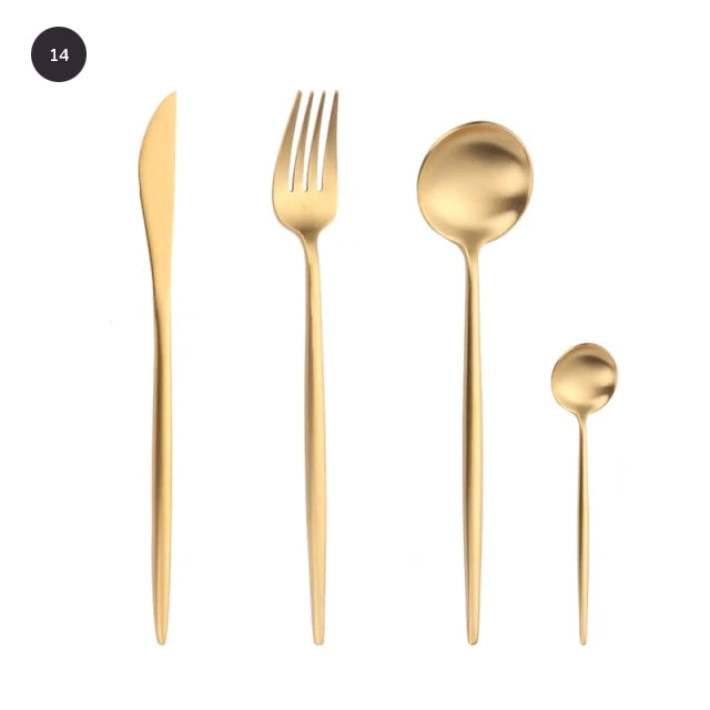 Modern Gold Cutlery Set Stainless Steel Tableware Knife Fork Dessert Spoon Teaspoon Dinnerware Contemporary Flatware Essential Designer Kitchen Accessories