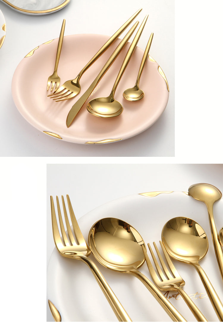 Modern Gold Cutlery Set Stainless Steel Tableware Knife Fork Dessert Spoon Teaspoon Dinnerware Contemporary Flatware Essential Designer Kitchen Accessories