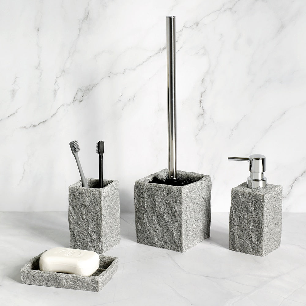 Modern Gray Resin Granite Block Bathroom Accessories Toothbrush Holder Liquid Soap Dispenser Toilet Brush Holder For Washroom Accessory Set