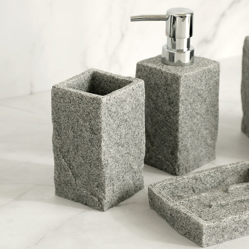 Modern Gray Resin Granite Block Bathroom Accessories Toothbrush Holder Liquid Soap Dispenser Toilet Brush Holder For Washroom Accessory Set