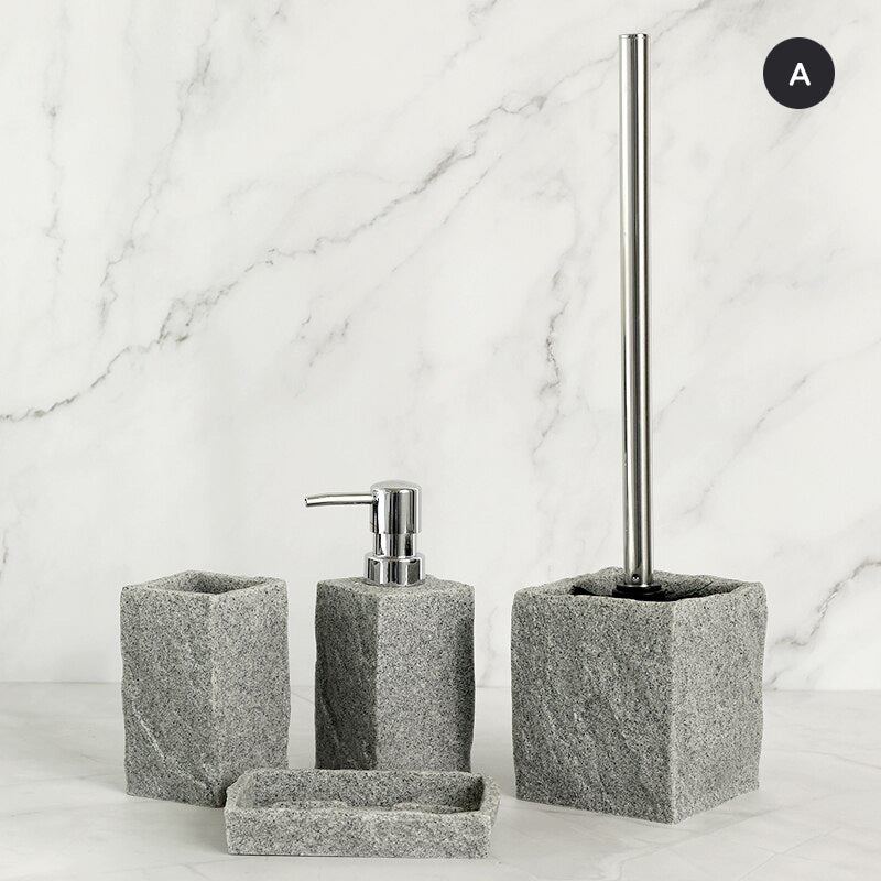 Modern Gray Resin Granite Block Bathroom Accessories Toothbrush Holder Liquid Soap Dispenser Toilet Brush Holder For Washroom Accessory Set