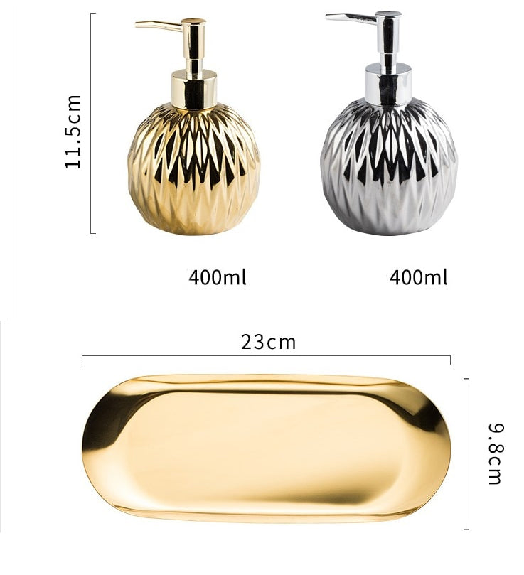 Modern Luxury Soap Dispenser Hand Sanitizer Shower Gel Shampoo Dispenser Ceramic Bathroom Accessories Set Stainless Steel Tray Available in Gold or Silver