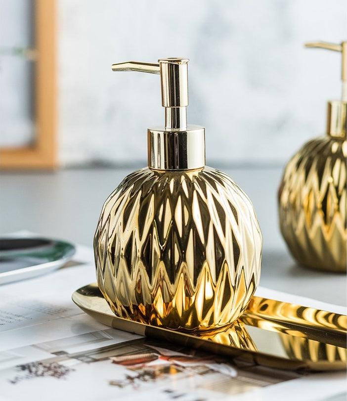 Modern Luxury Soap Dispenser Hand Sanitizer Shower Gel Shampoo Dispenser Ceramic Bathroom Accessories Set Stainless Steel Tray Available in Gold or Silver