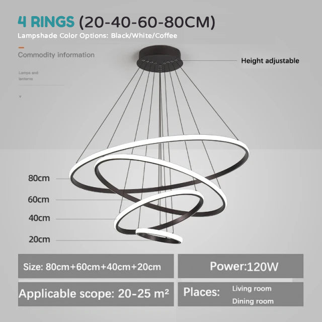 Modern Minimalist LED Chandelier With 3/4/5 Round Floating Light Rings Contemporary Abstract Lighting Rig For Living Room Dining Room Loft Home Office Decor