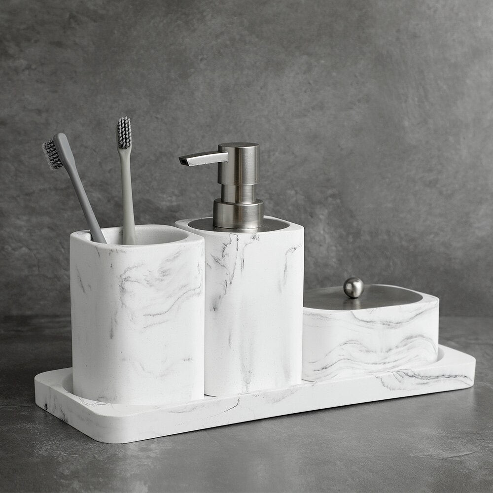 Modern White Marble Bathroom Accessories Sets Liquid Soap Dispenser Mouthwash Tumbler Toothbrush Holder Box For Cotton Swabs