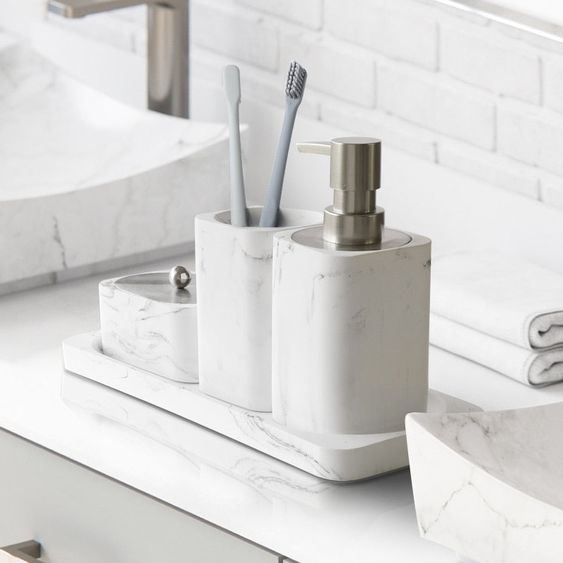 Modern White Marble Bathroom Accessories Sets Liquid Soap Dispenser Mouthwash Tumbler Toothbrush Holder Box For Cotton Swabs