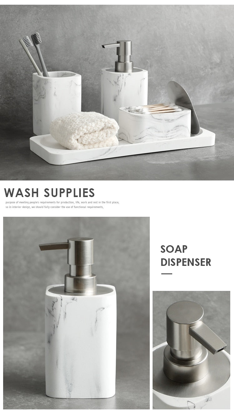 Modern White Marble Bathroom Accessories Sets Liquid Soap Dispenser Mouthwash Tumbler Toothbrush Holder Box For Cotton Swabs