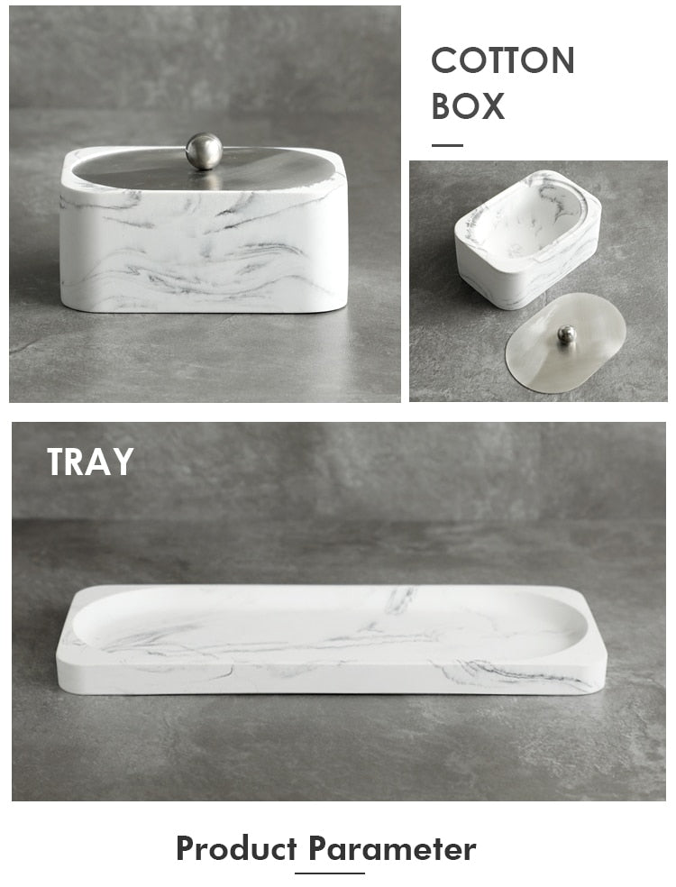 Modern White Marble Bathroom Accessories Sets Liquid Soap Dispenser Mouthwash Tumbler Toothbrush Holder Box For Cotton Swabs