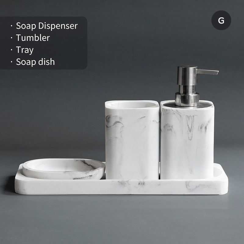 Modern White Marble Bathroom Accessories Sets Liquid Soap Dispenser Mouthwash Tumbler Toothbrush Holder Box For Cotton Swabs