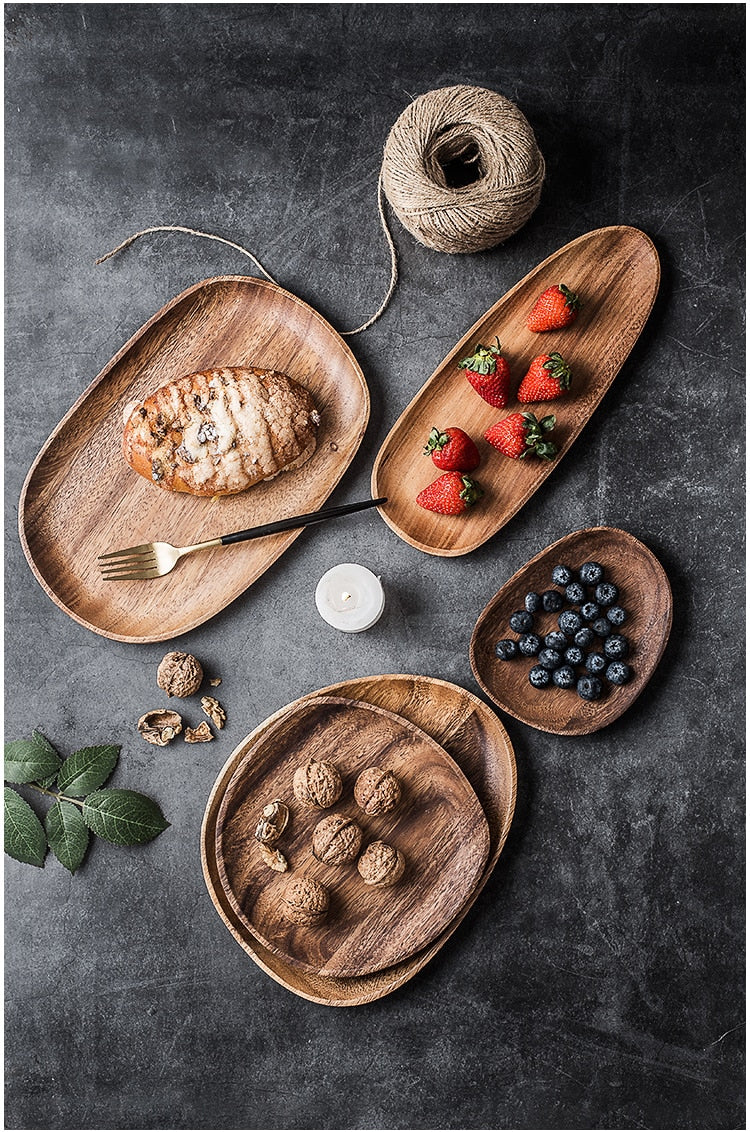 Natural Solid Wood Fruit Plates Abstract Oval Shape Dinner Dessert Wooden Tableware Cake Dish Wood Fruit Bowl Snack Trays