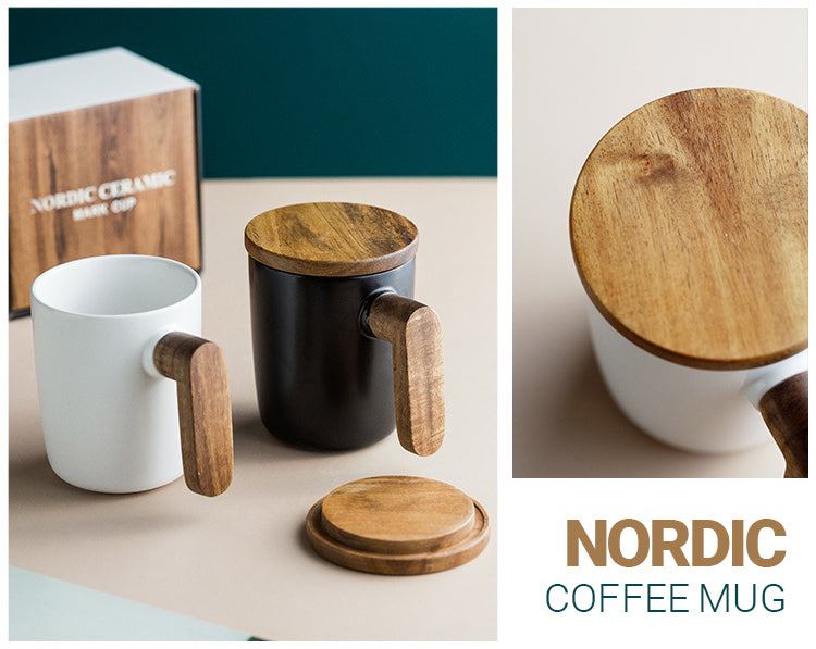 Nordic Coffee Cup Ceramic Retro Pottery With Wooden Handle + Cover Scandinavian Design Coffee Mug Gift Box Set For Coffee Lovers