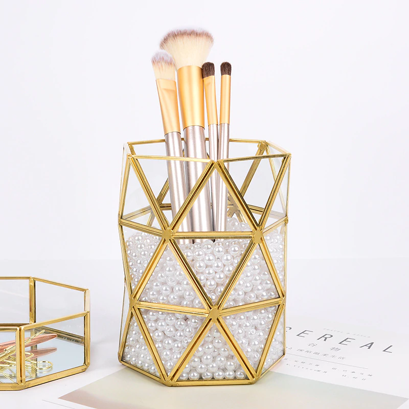 Nordic Geometric Makeup Brush Pot Glass & Metal Frame Desktop Tidy Pen Holder Dressing Room Table Organizer Glam Home Decoration