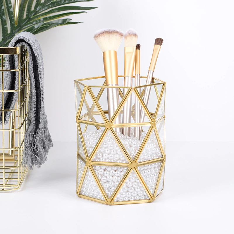 Nordic Geometric Makeup Brush Pot Glass & Metal Frame Desktop Tidy Pen Holder Dressing Room Table Organizer Glam Home Decoration