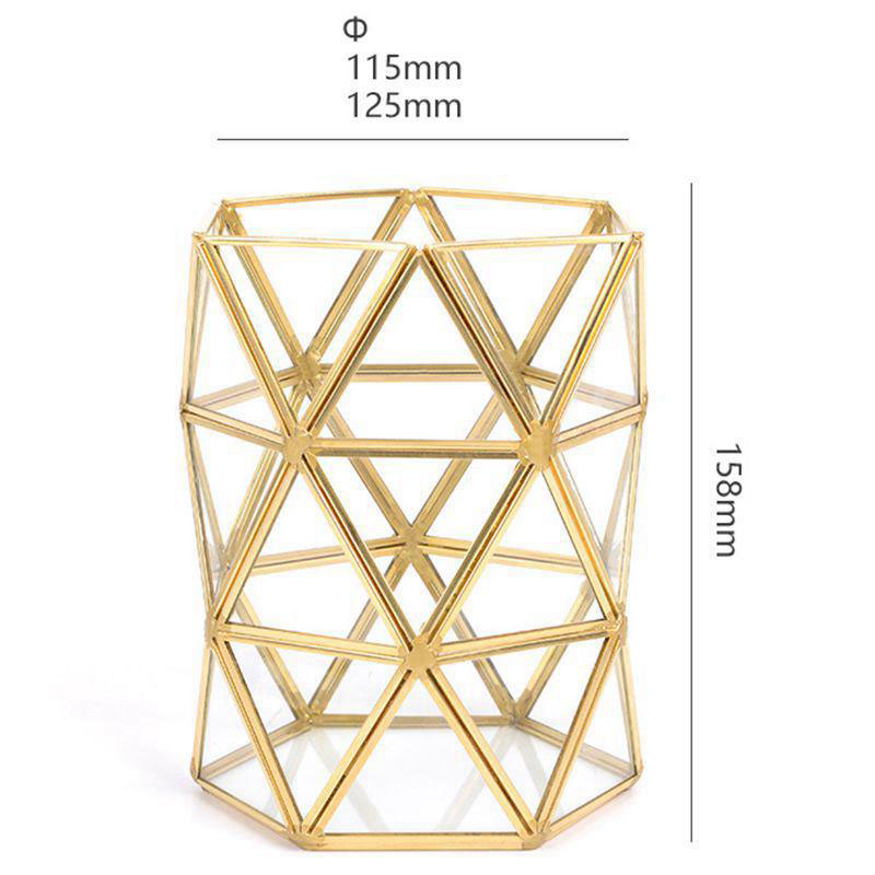 Nordic Geometric Makeup Brush Pot Glass & Metal Frame Desktop Tidy Pen Holder Dressing Room Table Organizer Glam Home Decoration