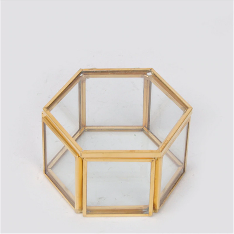 Nordic Style Geometric Polygon Transparent Gold And Glass Jewelry Storage Box Desktop Display Succulents Cactus Plant Pot