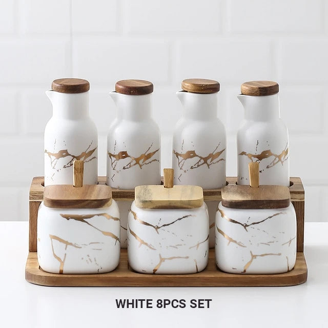 Nordic Style Marble Patterned Ceramic Kitchen Storage Jars Serving Pots With Wooden Lid Creative Stylish Kitchen Accessories For Modern Home Decor