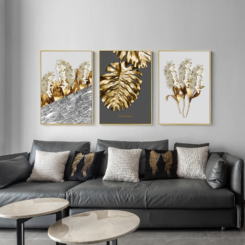 Nordic Tropical Golden Leaves Wall Art Modern Creative Fine Art Canvas Prints Minimalist Botanical Pictures For Luxury Living Room Salon Wall Art Decor