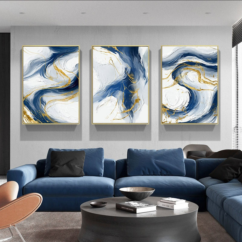 Ocean Blue Golden Cloud Swirls Modern Abstract Minimalist Wall Art For Luxury Apartment Living Room Boardroom Home Office Art Decor