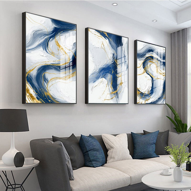 Ocean Blue Golden Cloud Swirls Modern Abstract Minimalist Wall Art For Luxury Apartment Living Room Boardroom Home Office Art Decor
